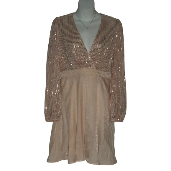 D&M Rose Gold Sequin Dress Party Special Occasion Cocktail Silk Chiffon Surplice - Picture 1 of 9